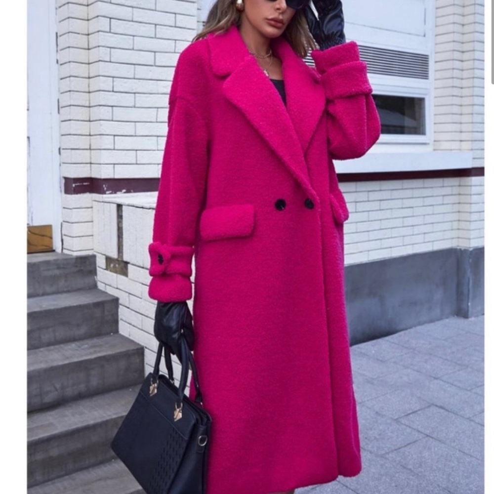 Button front Lapel Neck faux fur Teddy longline Coat Jacket Hot pink